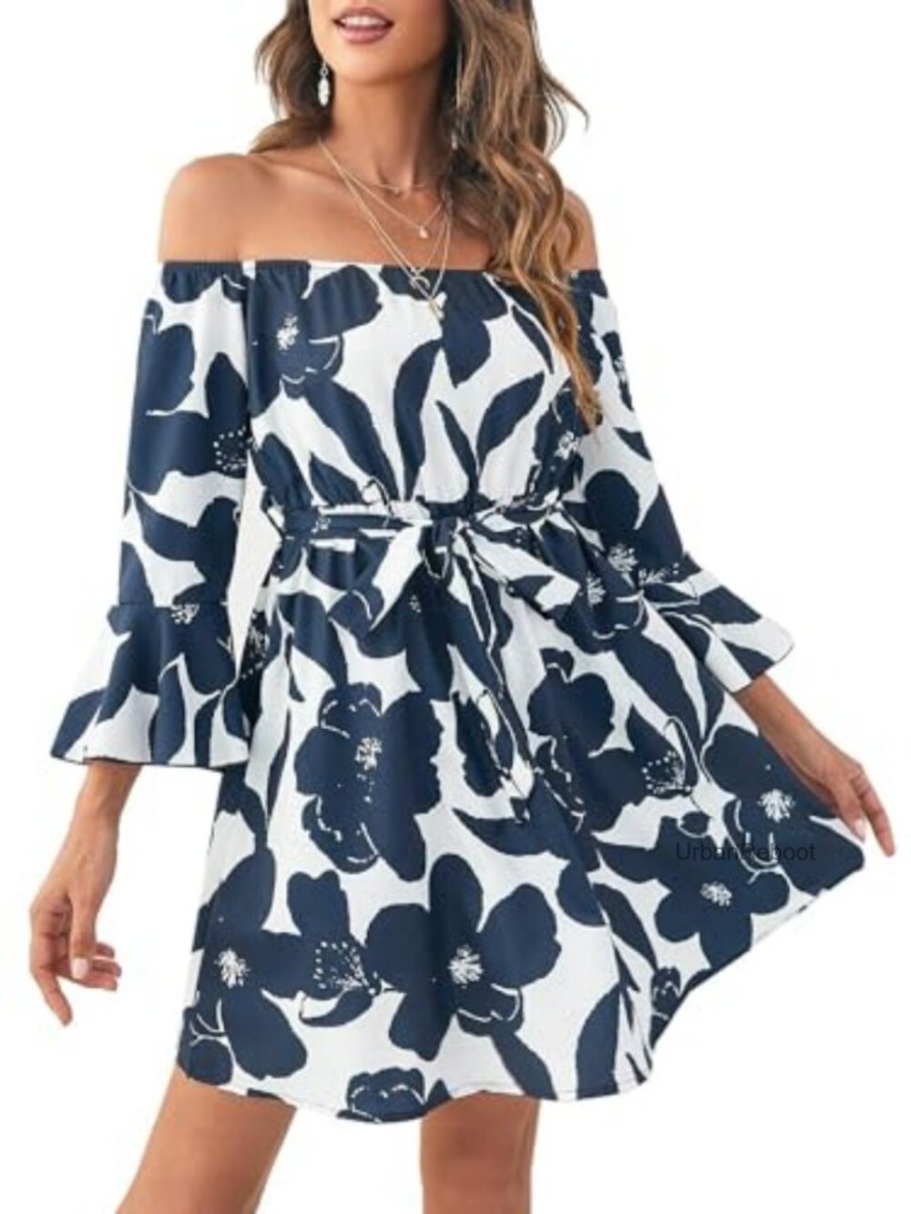 Off Shoulder Ruffle Sleeve Floral Midi Dress Casual Fit & Flare